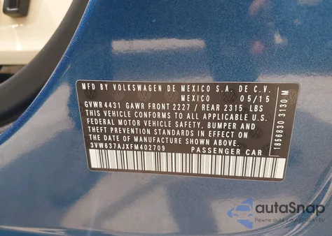 2015 Volkswagen Jetta Hybrid Sel Premium from USA, damaged, VIN 3VW637AJXFM402709